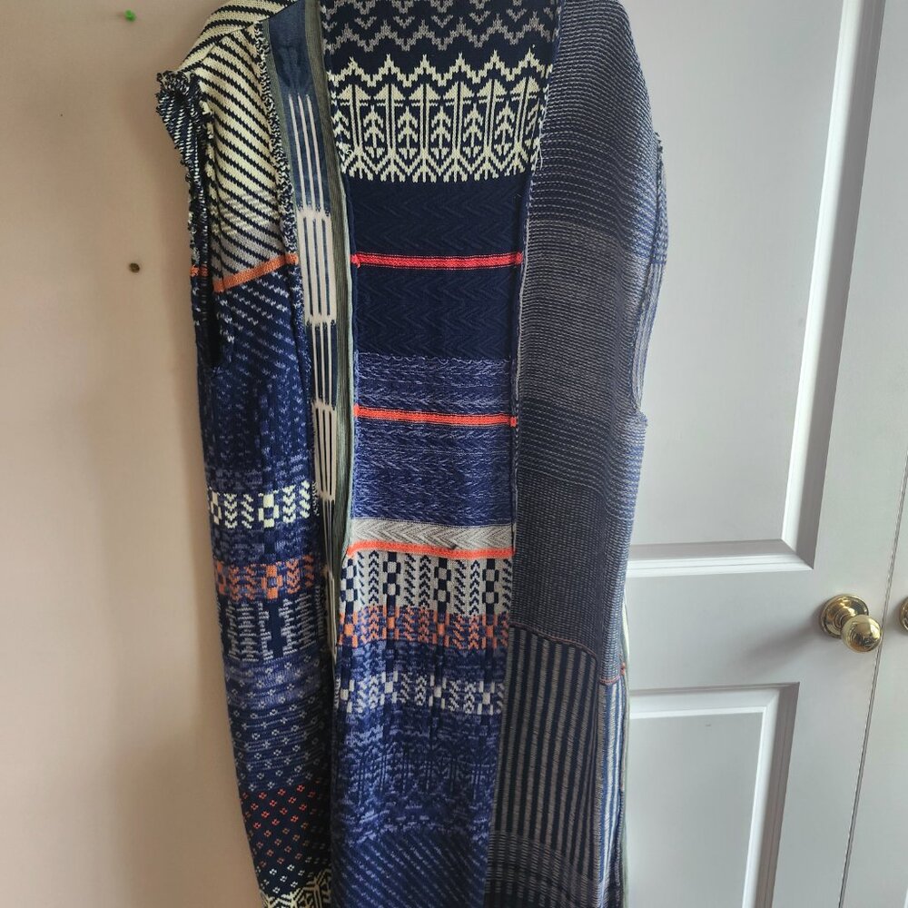 Striped Knit Open-Front Women's Sweater Cardigan - Navy & Coral - Picture 3 of 5